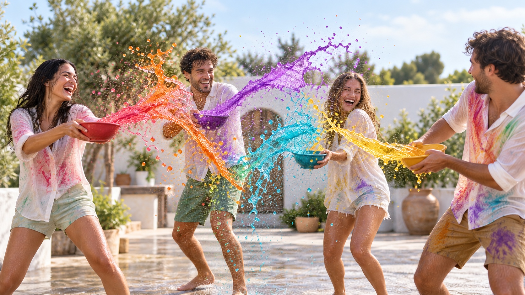 Illustrative scene of friends laughing amid splashes of many different colored liquids.
