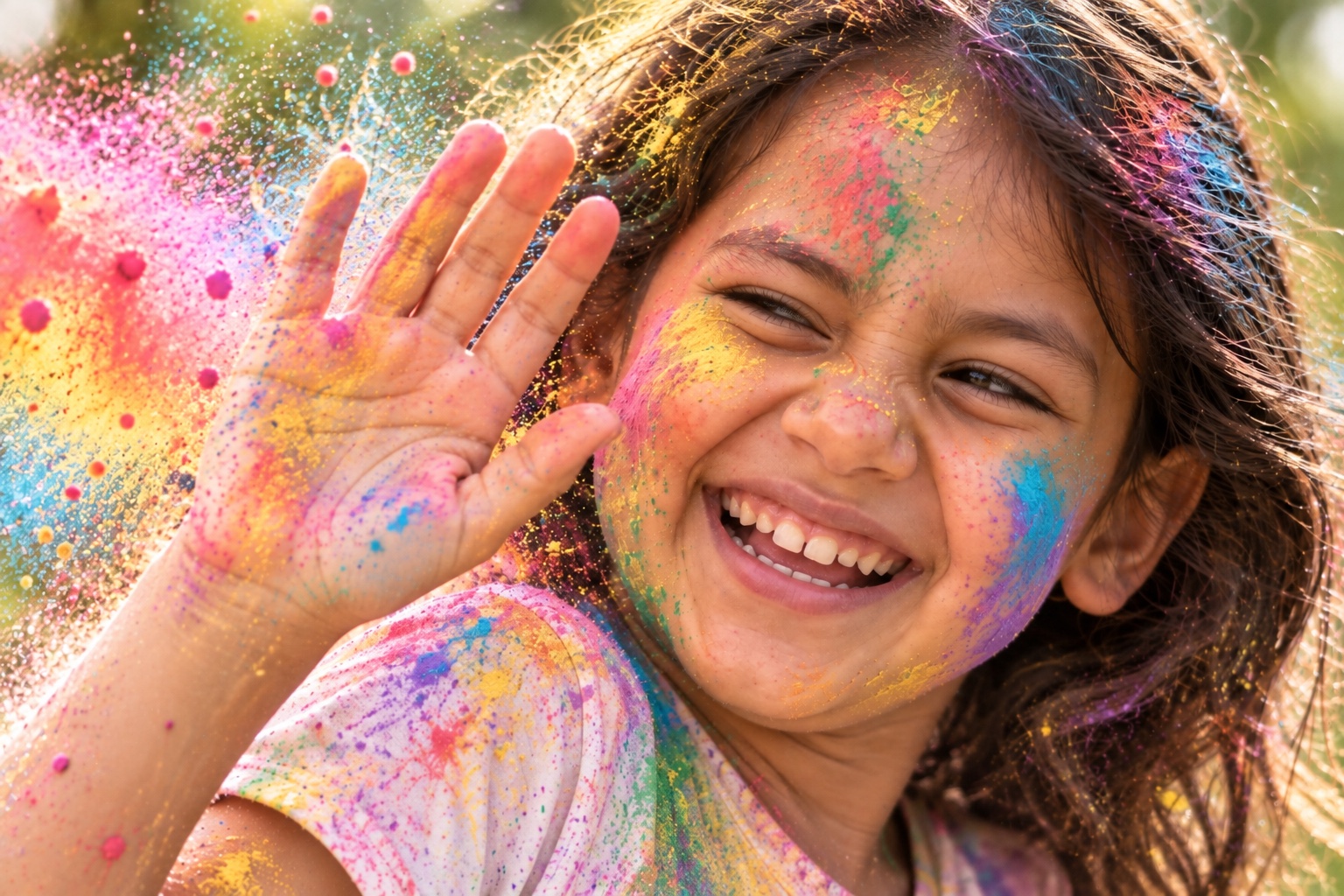 Illustrative close-up of a laughing child raising a hand and squinting playfully to shield her face from multicolored powder.